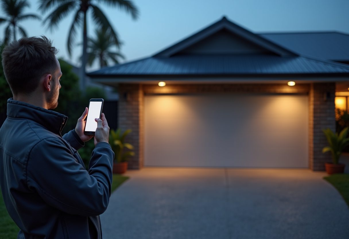 Smart garage door opener installation at dusk — Biggera Waters